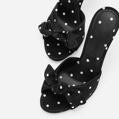 Black & White Polka Dot Open Toe Stiletto Heel Mules Shoes with Knot