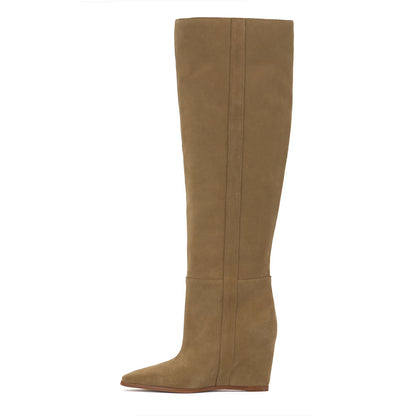 Women's Khaki Pointy Toe Wide Calf Knee High Boots with Wedge Heel