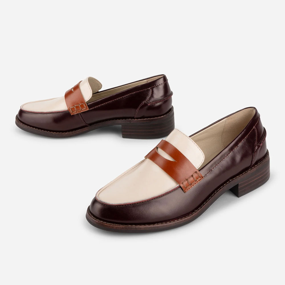 Maroon and Ivory Chunky Heel Slip-On Round Toe Women's Loafers