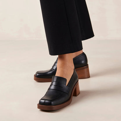 Black Square Toe Block Heel Penny Loafers for Women