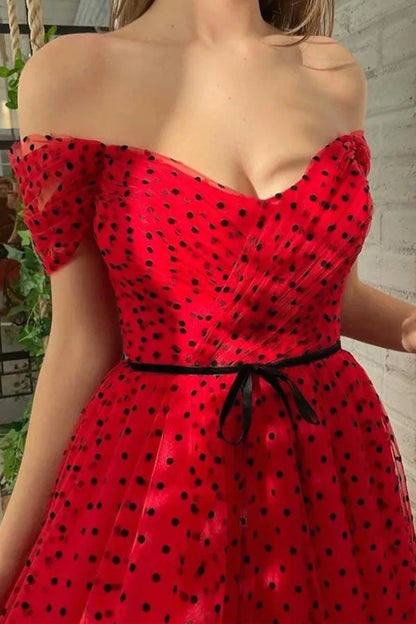 Red Tulle Off The Shoulder Tea Length Prom Dress Homecoming Dress,WP423