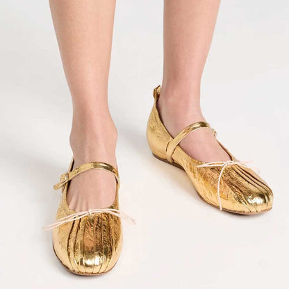 Gold Crinkled Metallic Finish Pleated Round Toe Bow Ballet Flats
