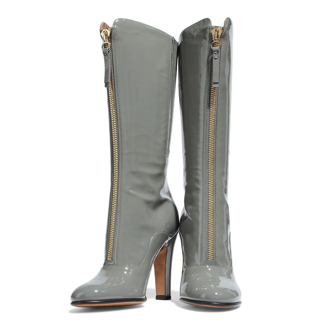 Grey Patent Leather Chunky Heel Front Zip Mid Calf Boots for Women