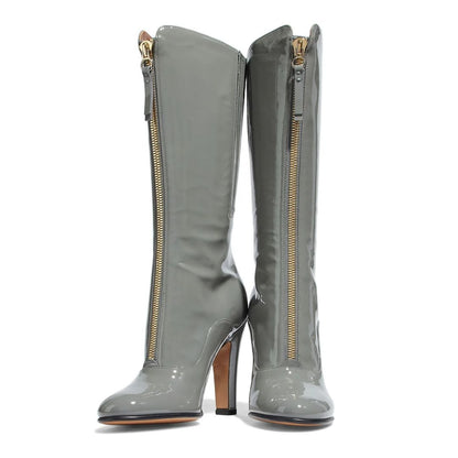 Grey Patent Leather Chunky Heel Front Zip Mid Calf Boots for Women