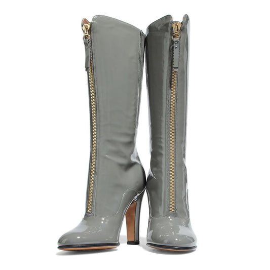 Grey Patent Leather Chunky Heel Front Zip Mid Calf Boots for Women