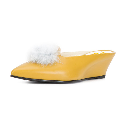 Yellow Pointed Toe Pom Poms Embellished Wedge Mules for Women
