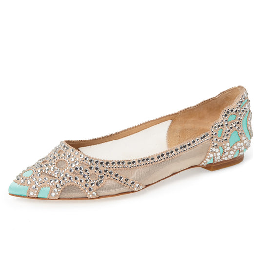 Champagne and Cyan Wedding Shoes Pointy Toe Rhinestone Flats