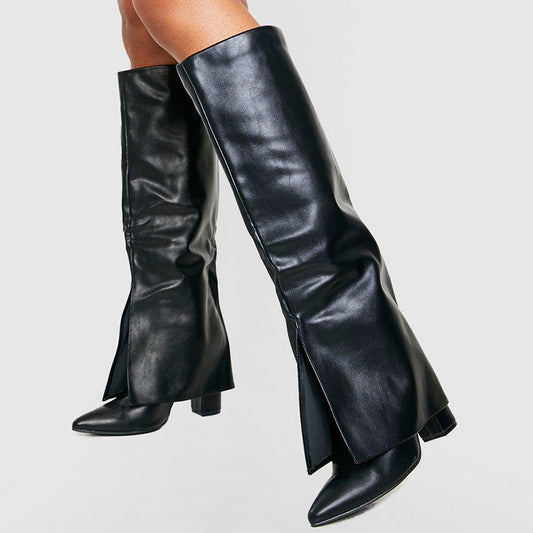 Black Pointed Toe Fold Over Knee High Boots with Chunky Heel
