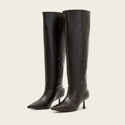 Dark Brown Pointed Toe Flared Heel Foldable Knee High Boots
