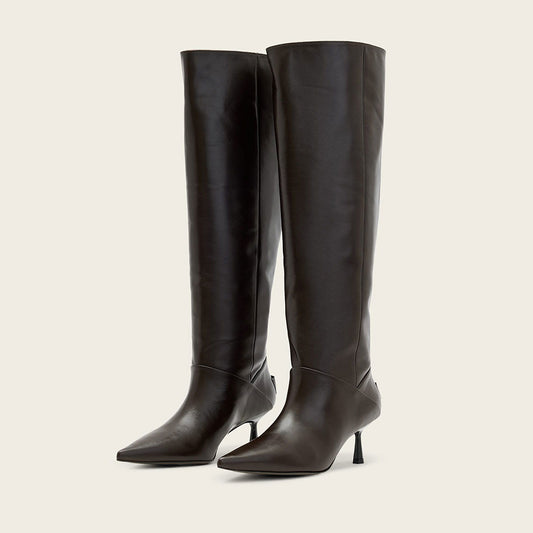 Dark Brown Pointed Toe Flared Heel Foldable Knee High Boots