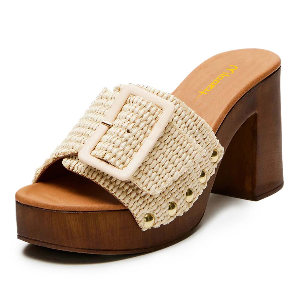 Beige Raffia Woven Open Toe Buckle Platform Mules Sandals with Studs