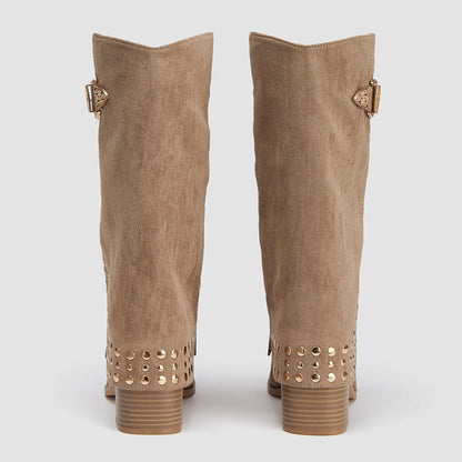 Khaki Vegan Suede Stacked Heel Buckle Studded Fold Over Mid Calf Boots