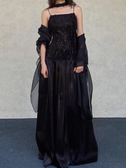 Elegant Black A-line Square Neck Spaghetti Strap Sequined Tulle Long Prom Dress Evening Dress P4127