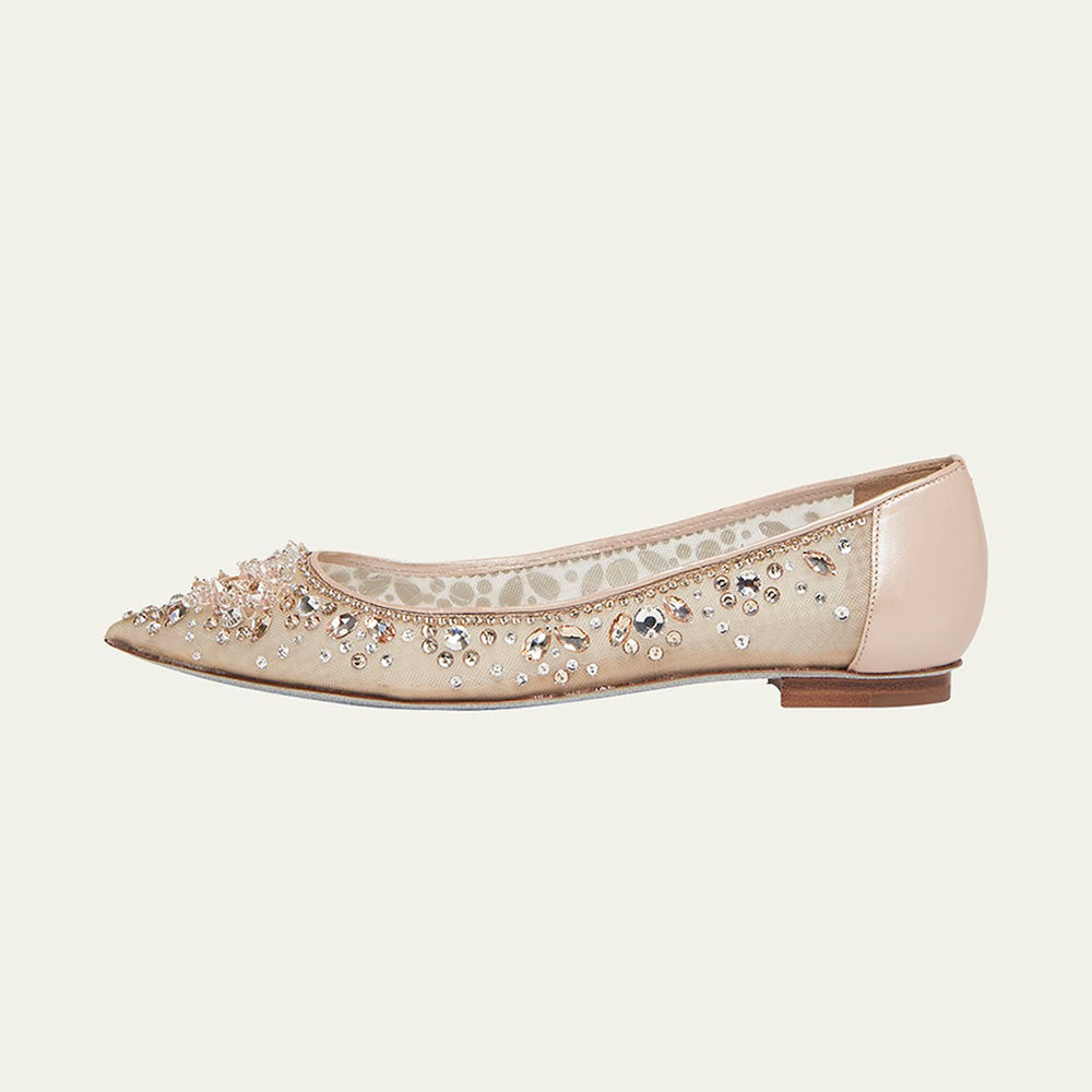 Champagne Mesh Pointed Toe Rhinestone Decor Bride Flats