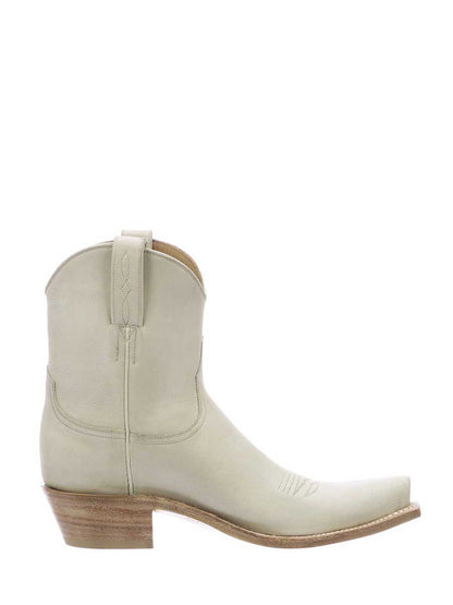 Beige Vegan Leather Snip Toe Block Heeled Cowgirl Ankle Boots