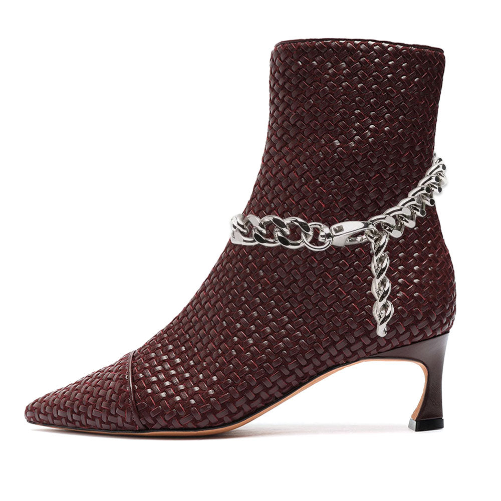 Women's Brown Woven Pointed Toe Low Heel Ankle Boots with Metal Chain