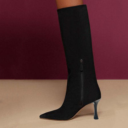 Women's Vegan Suede Pointed Toe Flared Heel Black Tall Boots