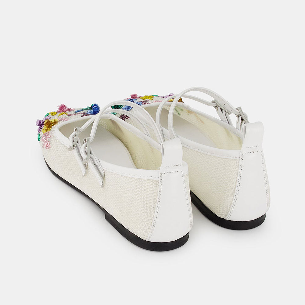 White Mesh Closed Toe Mary Jane Flats with Beads & Sequins Flowers