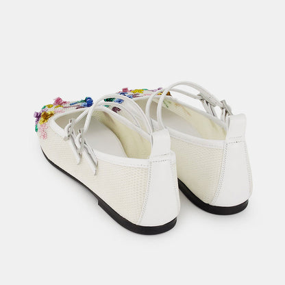 White Mesh Closed Toe Mary Jane Flats with Beads & Sequins Flowers