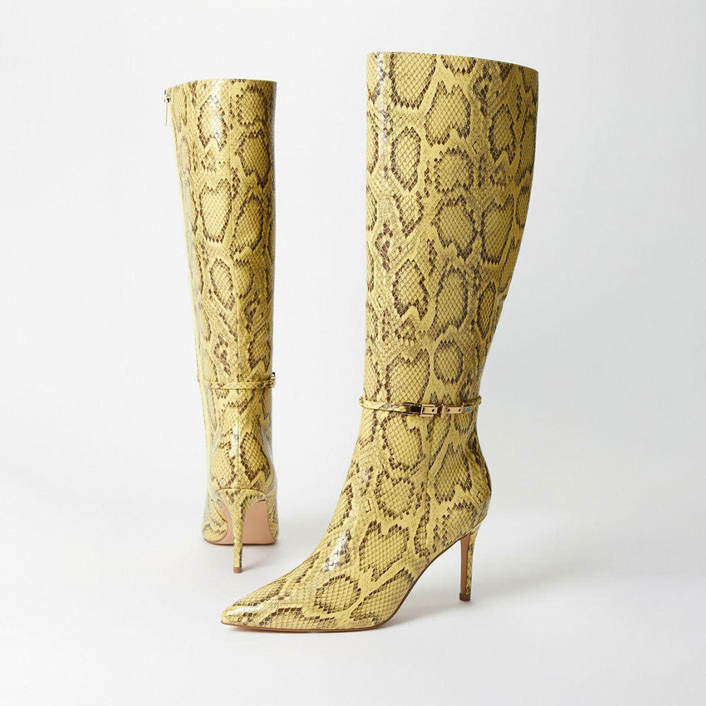 Yellow Python Embossed Stiletto Heel Buckle Decor Knee High Boots