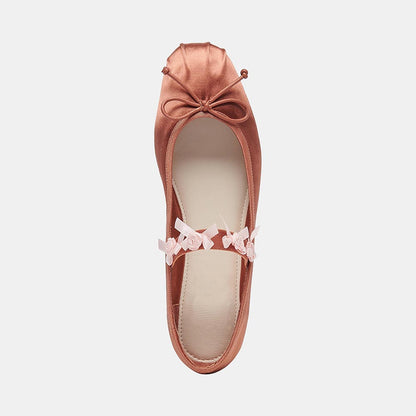 Pink Satin Square Toe Shoes Bow Embellished Ballet Flats with Straps