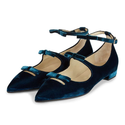 Teal Velvet Bows Embellished Pointed Toe Ankle Strap Mary Jane Flats