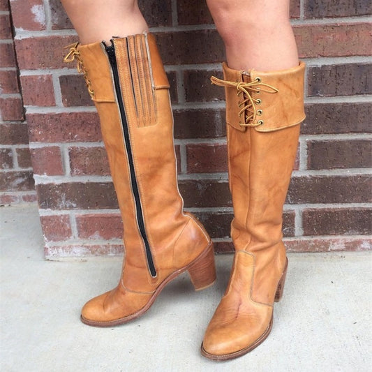 Tan Vintage Round Toe Block Heel Side Zip Knee High Boots for Women