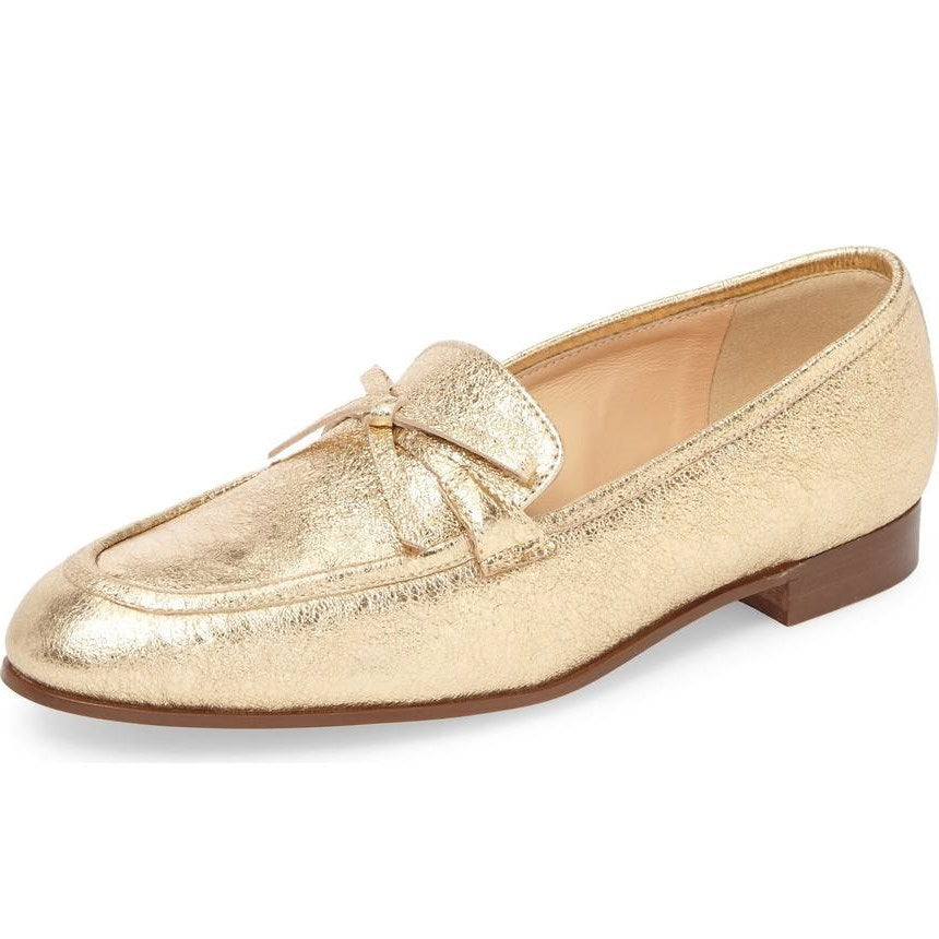 Gold Round Toe Bow Embellished Comfortable Flats Women's Loafers