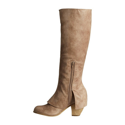 Taupe Closed Toe Stacked Heel Zip Closure Vintage Knee High Boots