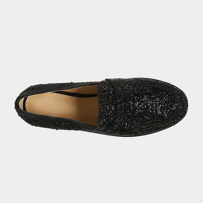 Black Slip-On Round Toe Rhinestone Embellished Women's Loafers