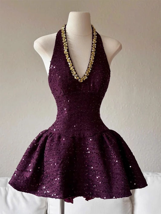 Vintage Purple Sequin Halter Dress Design A-line Party Dress Homecoming Dress TP3835