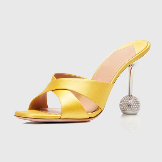 Yellow Crisscross Band Rhinestone Sculptural Heel Mules Sandals