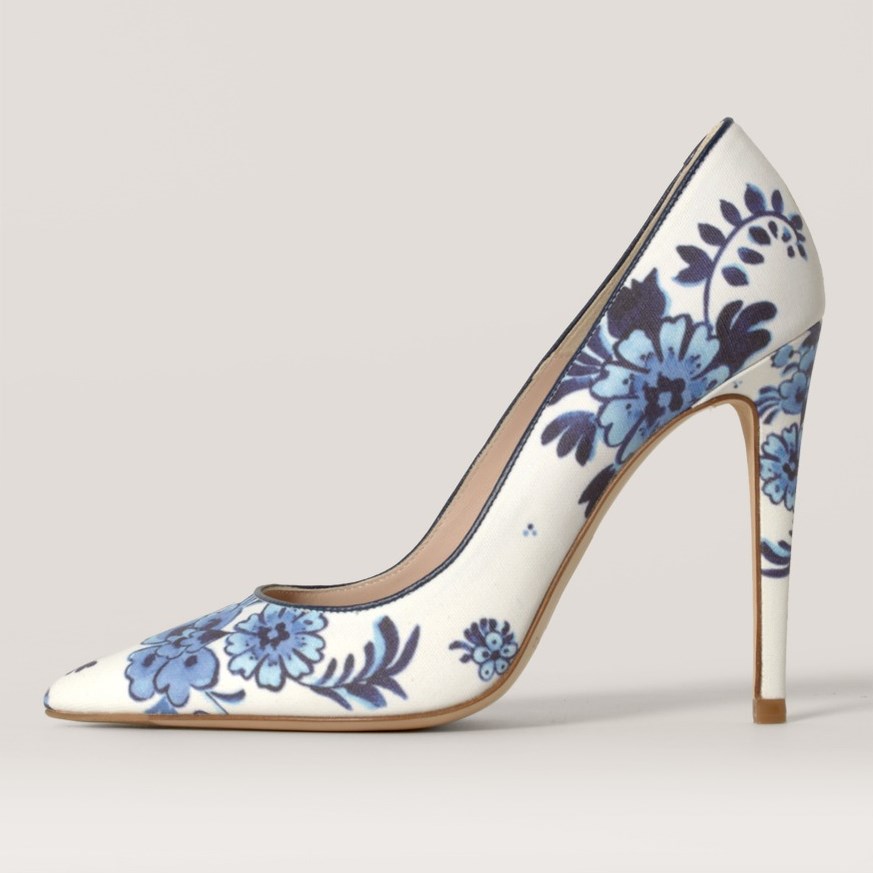 Women's White Pointed Toe Blue Floral Print Stiletto Heels Pumps