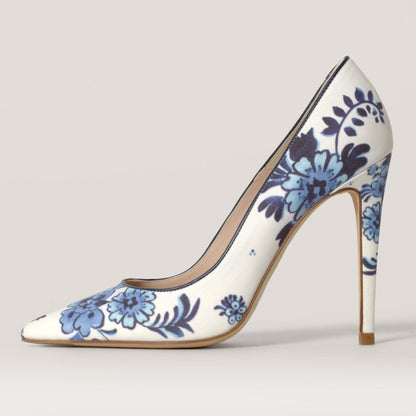 Women's White Pointed Toe Blue Floral Print Stiletto Heels Pumps