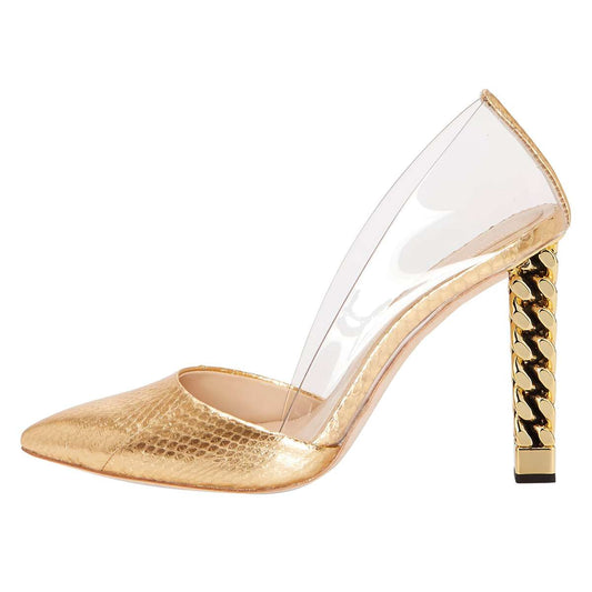 Women's Gold transparent PVC Chunky Heels Pumps by FSJ