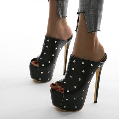 All Black Peep Toe Studded High Heel Mules Slip On Platform Shoes