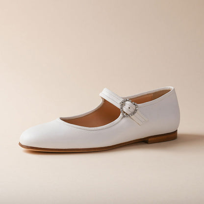 White Vegan Leather Round Toe Mary Jane Flats with Rhinestone Buckle