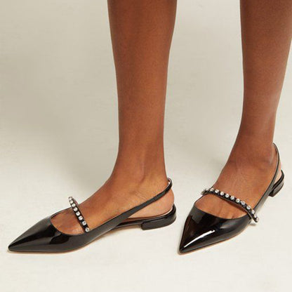 Black Pointed Toe Rhinestone Embellished Slingback Flats for Women