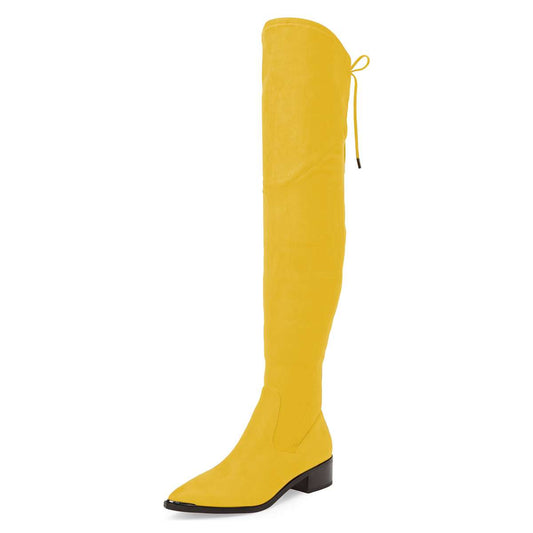 Women's Yellow Vegan Suede Chunky Heel Pointy Toe Thigh-High Boots