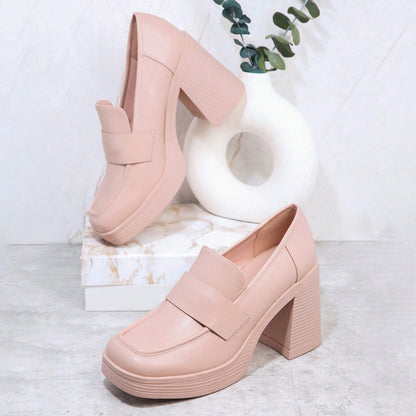 Beige Vegan Leather Square Toe 3'' Chunky Heel Platform Loafers