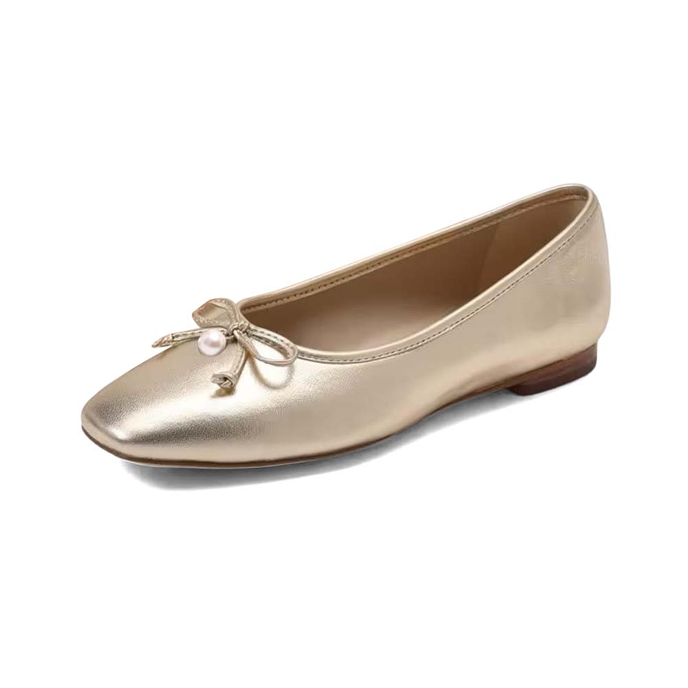 Gold Square Toe Ballet Flats With Bow Pearl Decor