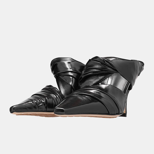 Stylish Pointed Toe Soft Pleated Shoes High Heel Mules in Black
