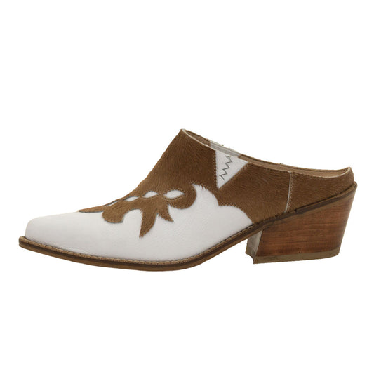 White & Brown Fur Patchwork Pointed Toe Western Mules for Women