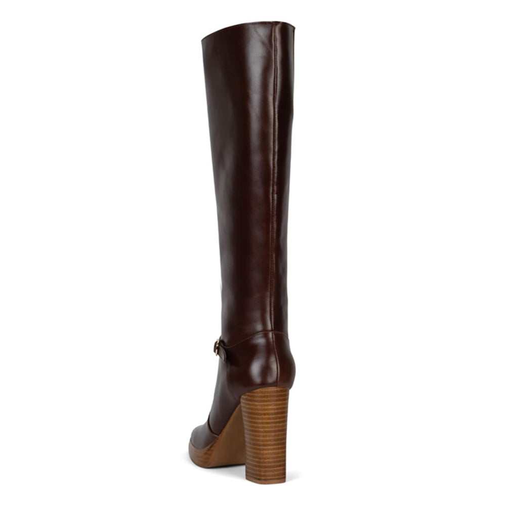 Brown Square Toe 4'' Block Heel Knee High Boots with Ankle Buckle