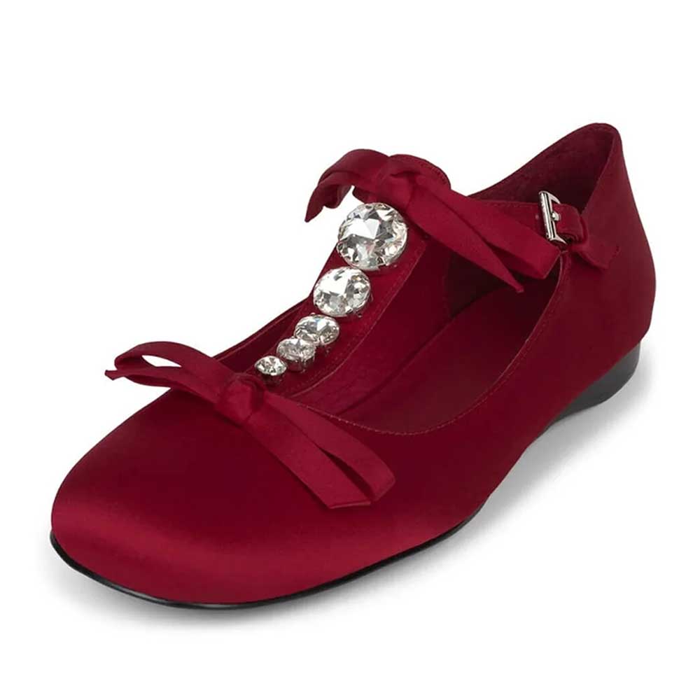 Satin Rhinestone T-Strap Bow Decor Mary Jane Flats in Red