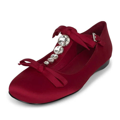 Satin Rhinestone T-Strap Bow Decor Mary Jane Flats in Red