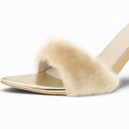 Beige Open Toe Faux Fur Strap Detailing Block Heel Mules Sandals