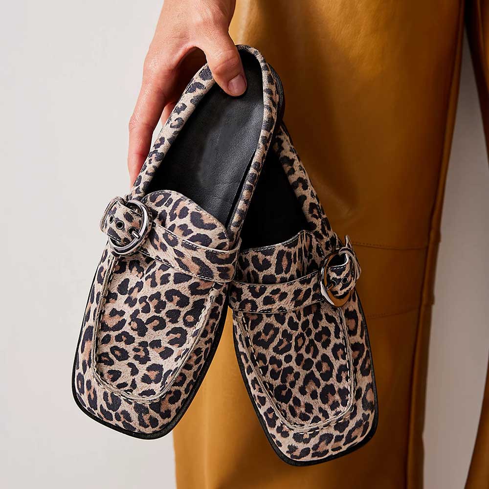 Beige Leopard Print Square Toe Flat Buckle Slip-On Mules Shoes
