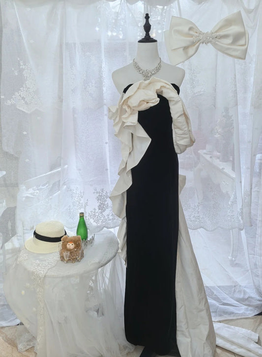 Elegant Black And White Color-Blocked Mermaid Strapless Velvet Satin Long Prom Dress Evening Dress P4131