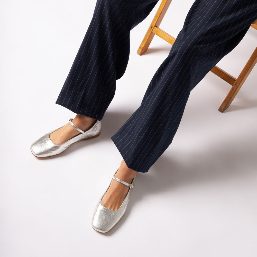 Silver Vegan Leather Distressed Square Toe Buckle Strap Ballet Flats